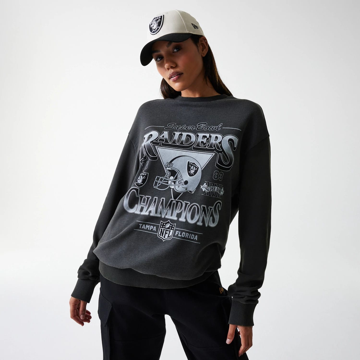 Las Vegas Raiders NFL Washed Super Bowl Grey Oversized Crew Neck Sweater-kentox