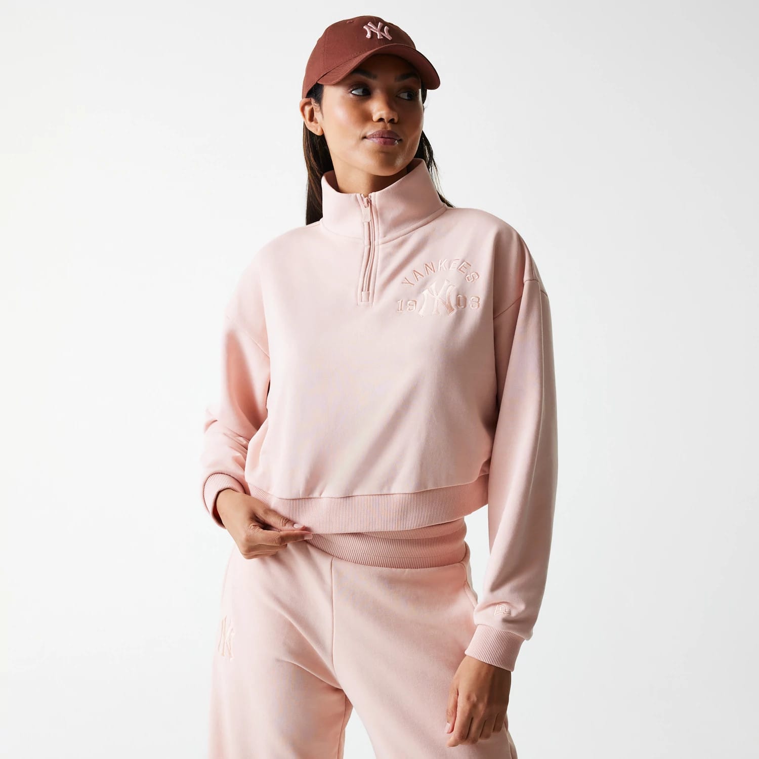 New York Yankees Womens MLB Tonal Pastel Pink Cropped 1/4 Zip Sweater-kentox