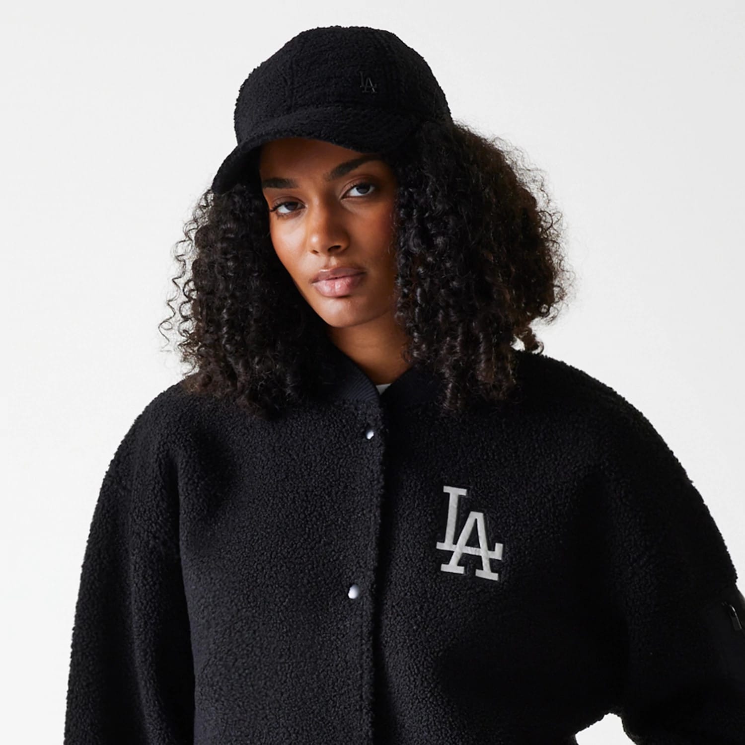 LA Dodgers Womens MLB Black Oversized Sherpa Bomber Jacket-kentox