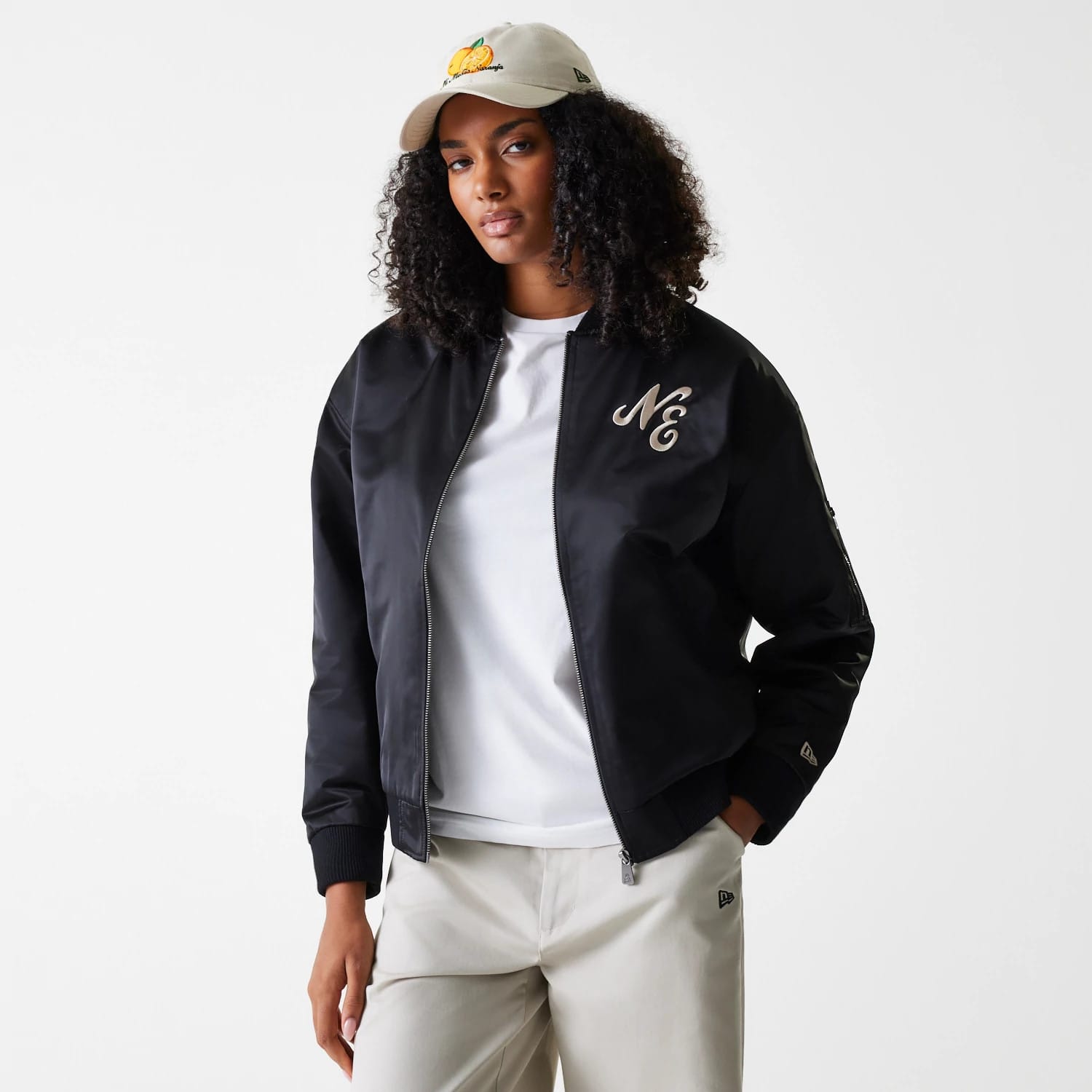 Womens New Era Black Satin Bomber Jacket-kentox