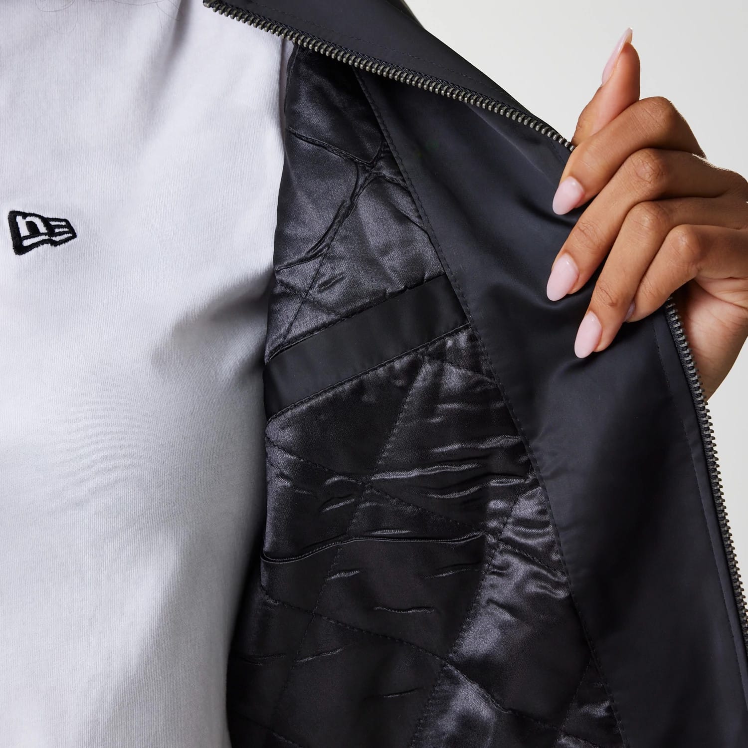 Womens New Era Black Satin Bomber Jacket-kentox