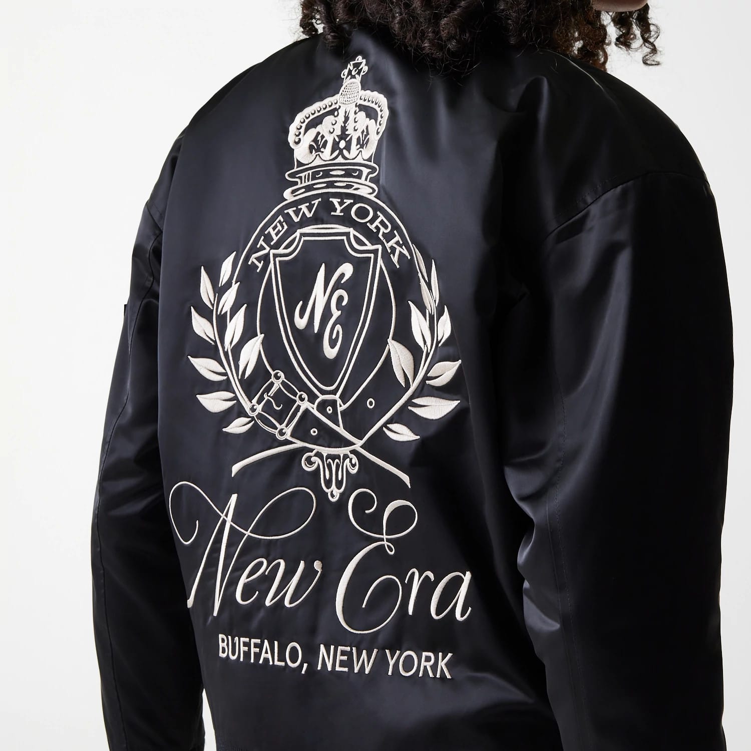 Womens New Era Black Satin Bomber Jacket-kentox