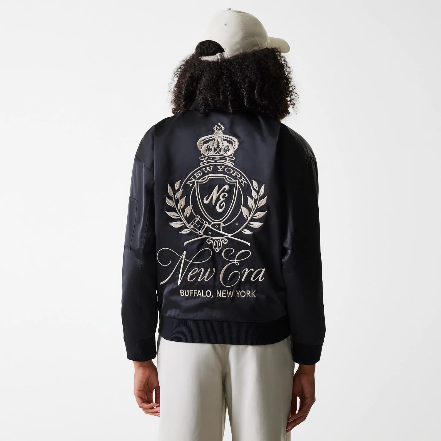 Womens New Era Black Satin Bomber Jacket-kentox
