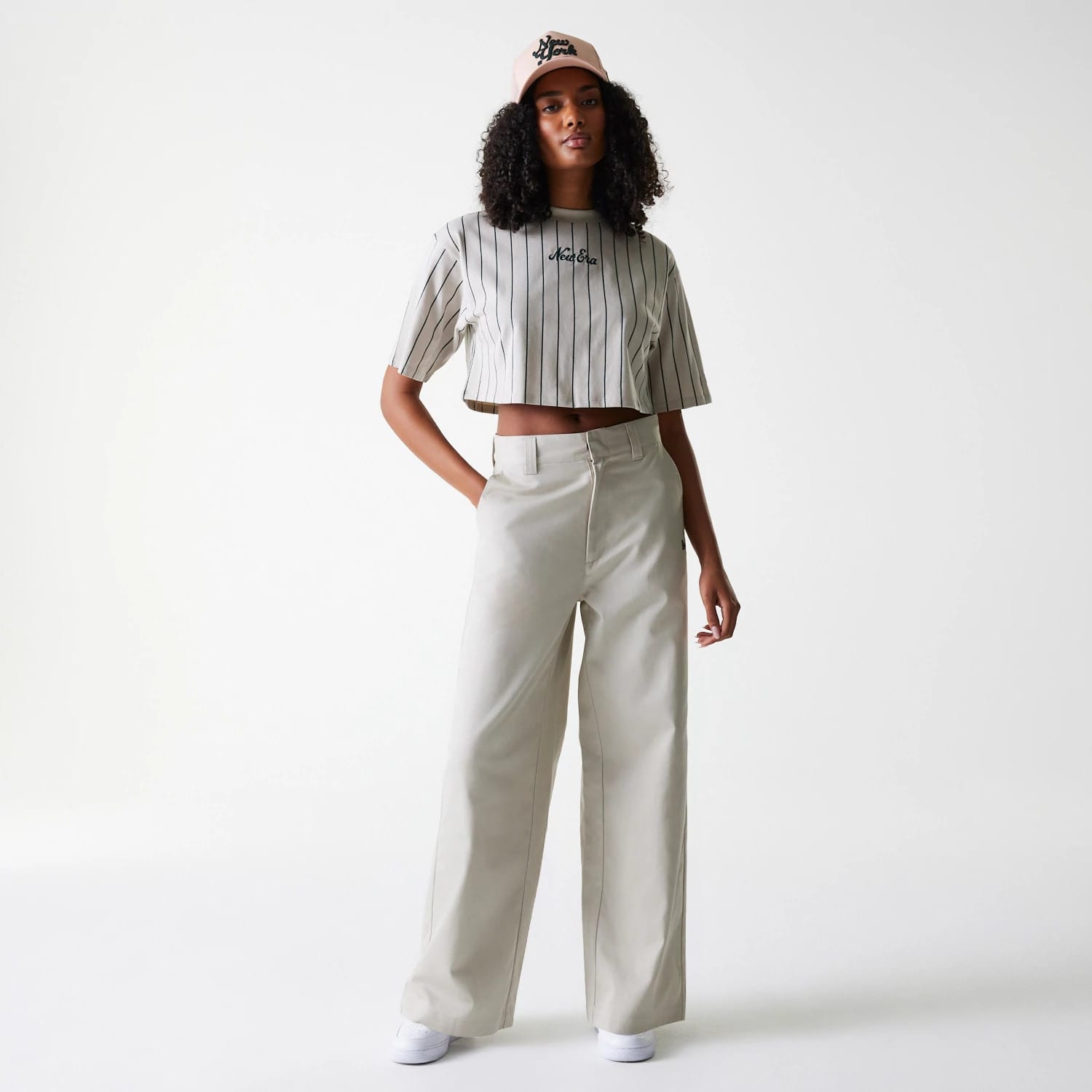 Womens New Era Light Beige Wide Leg Chino Trousers-kentox