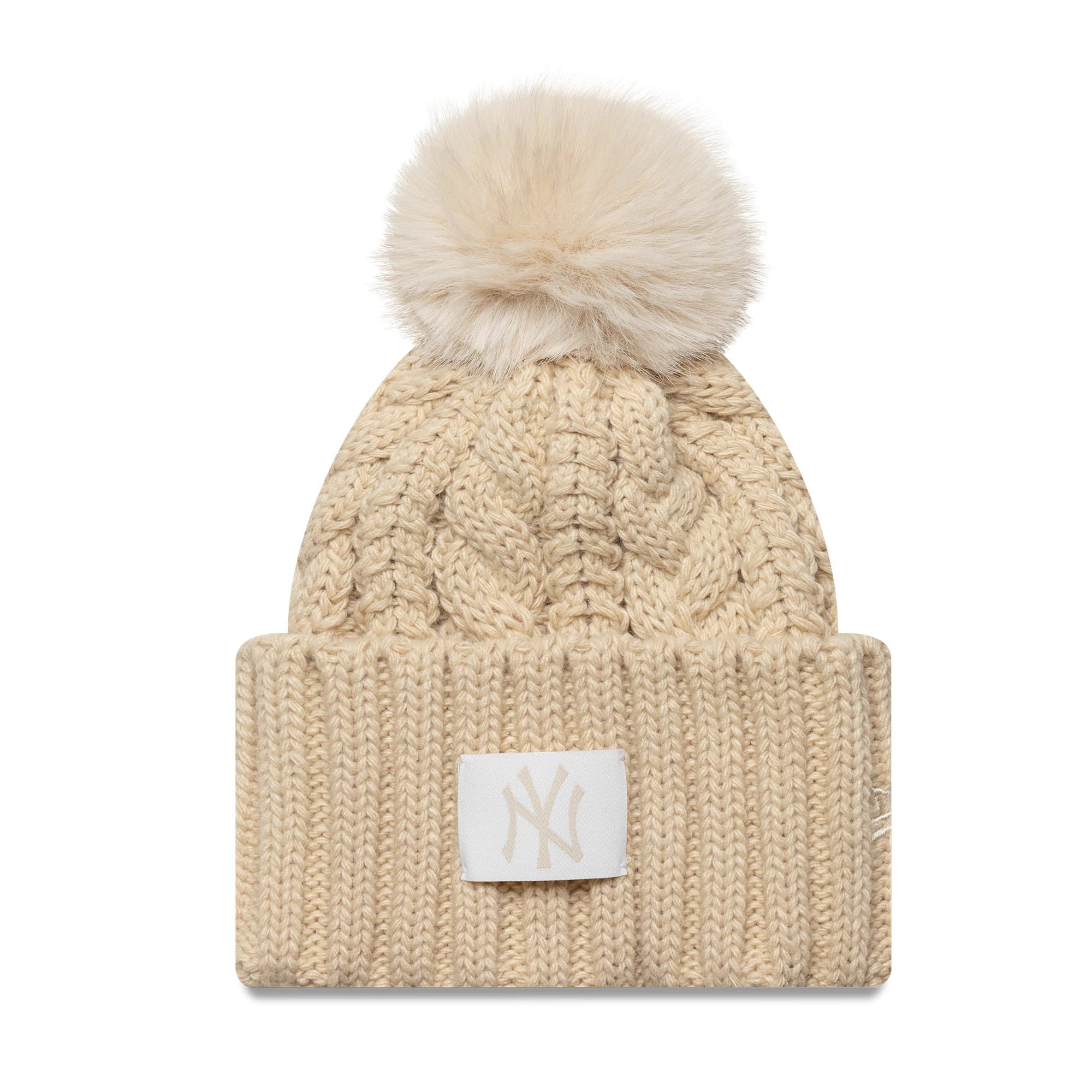 New York Yankees Youth MLB Light Beige Cable Knit Beanie Hat-kentox