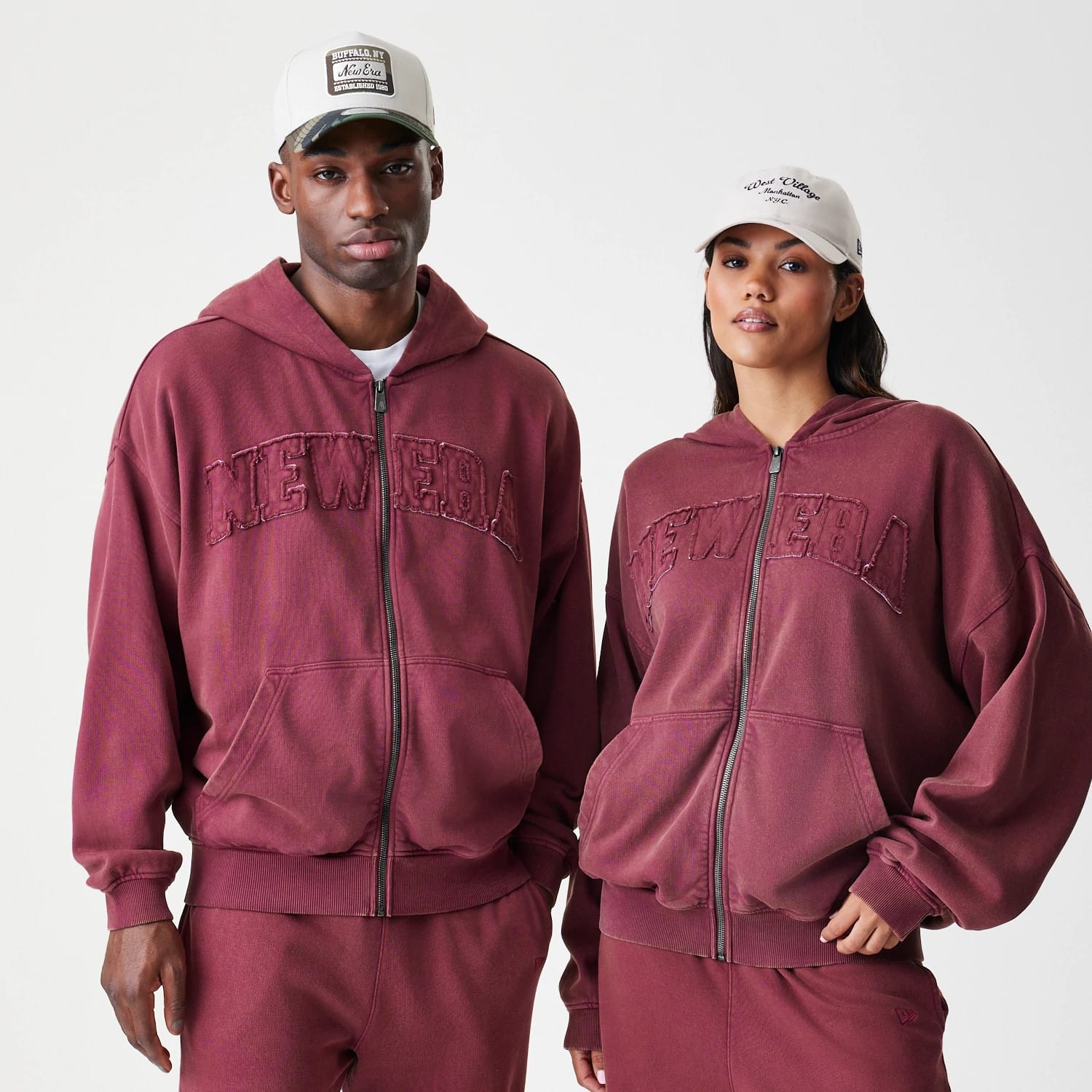 New Era Washed Dark Red Oversized Full Zip Hoodie-kentox