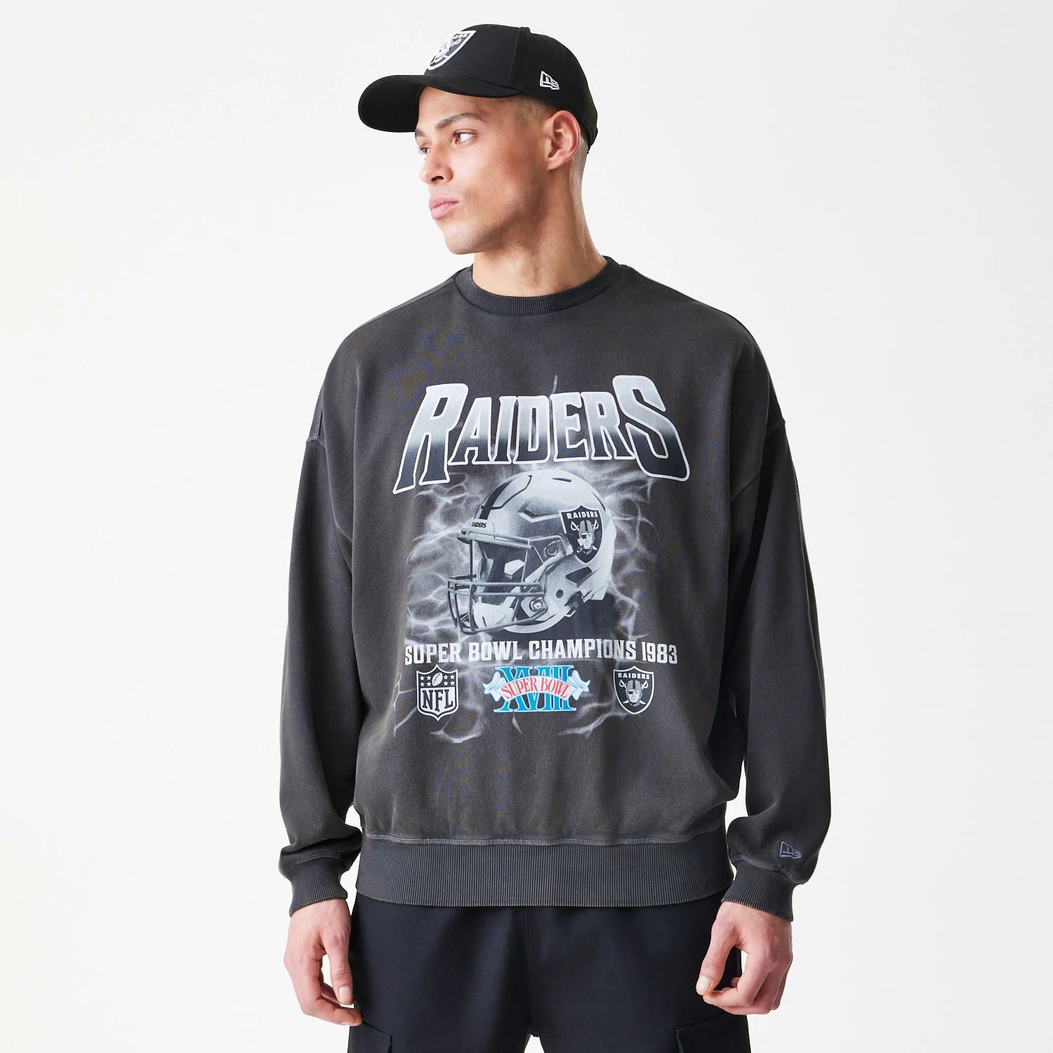 Las Vegas Raiders NFL Washed Boxy Dark Grey Oversized Crew Neck Sweater-kentox