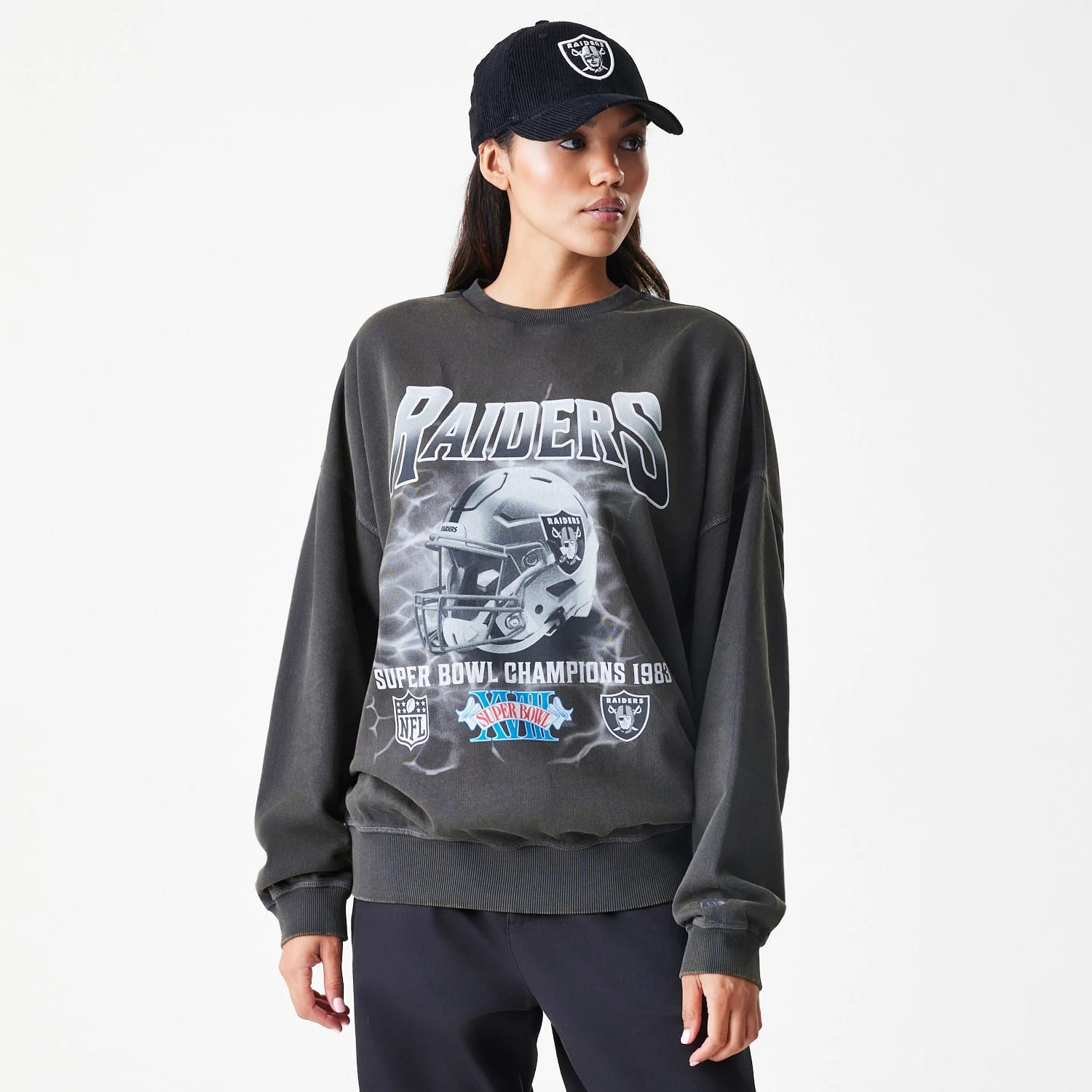 Las Vegas Raiders NFL Washed Boxy Dark Grey Oversized Crew Neck Sweater-kentox