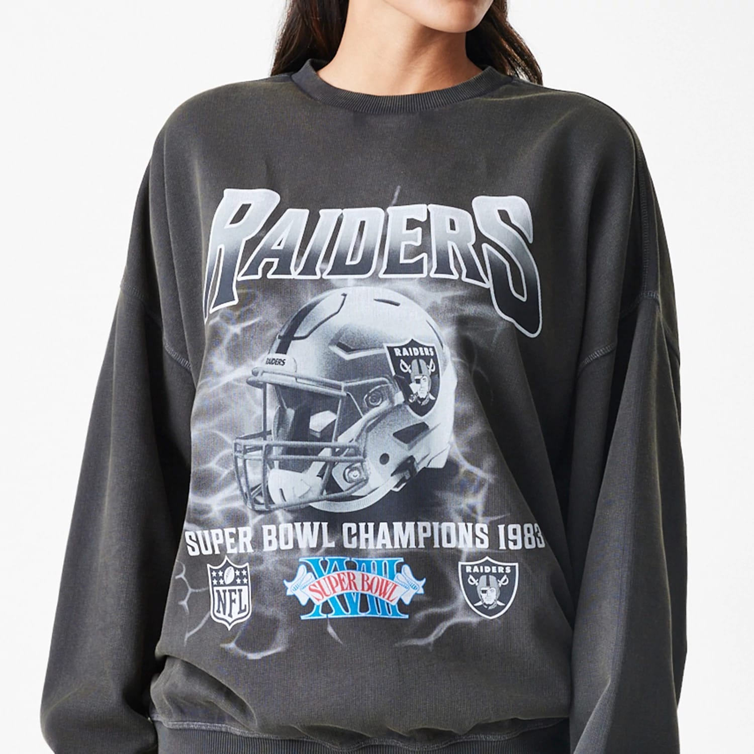 Las Vegas Raiders NFL Washed Boxy Dark Grey Oversized Crew Neck Sweater-kentox