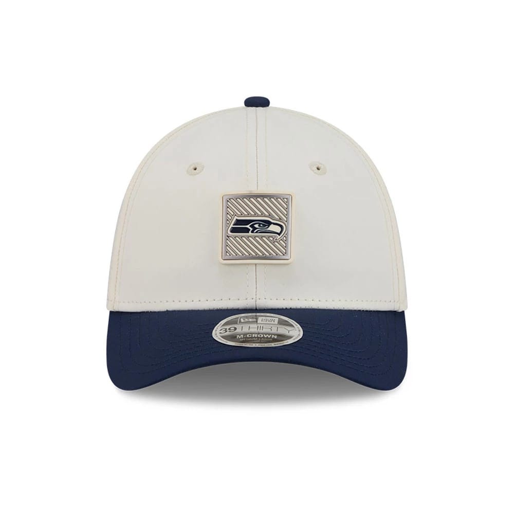 Seattle Seahawks NFL Training 2026 White 39THIRTY M-Crown Stretch Fit Cap-kentox