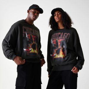 Chicago Bulls NBA Washed Graphic Grey Oversized Crew Neck Sweater-kentox