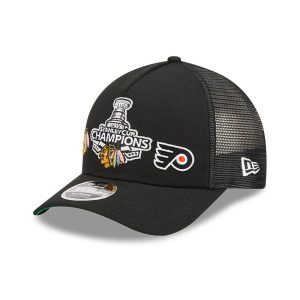 Blackhawks NHL Stanley Cup Black 9FORTY M-Crown A-Frame Trucker Adjustable Cap-kentox