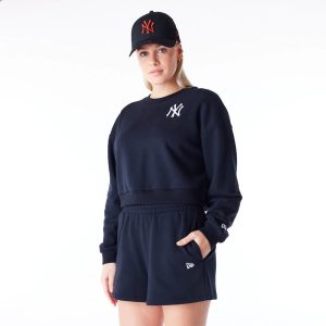 New York Yankees Womens MLB League Essential Black Crop Crew Neck Sweatshirt-kentox