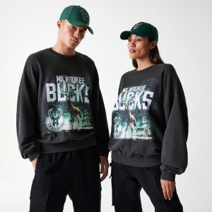Milwaukee Bucks NBA Washed Graphic Grey Oversized Crew Neck Sweater-kentox