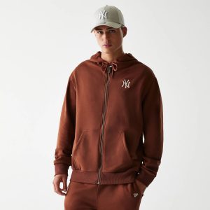 New York Yankees MLB Midi League Essential Brushed Fleece Brown Oversized Full Zip Hoodie-kentox