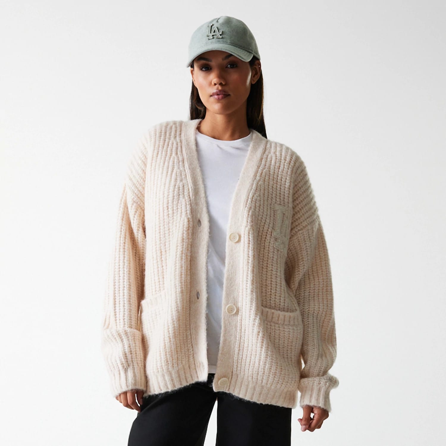 LA Dodgers Womens MLB Knit Light Beige Cardigan-kentox - Image 3