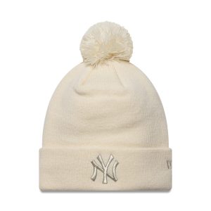 New York Yankees Womens MLB Metallic Light Beige Cuff Knit Beanie Hat-kentox