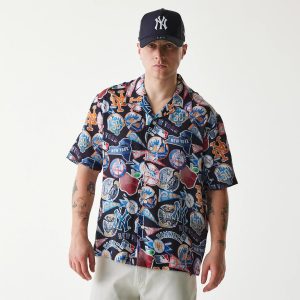 MLB Subway Series All Over Print Navy Short Sleeve Shirt-kentox