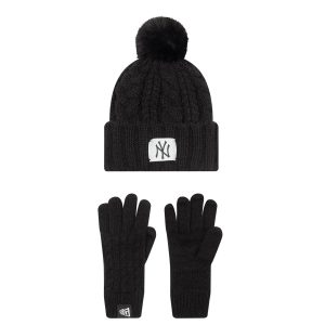 New York Yankees Youth MLB Black Beanie & Gloves Set-kentox