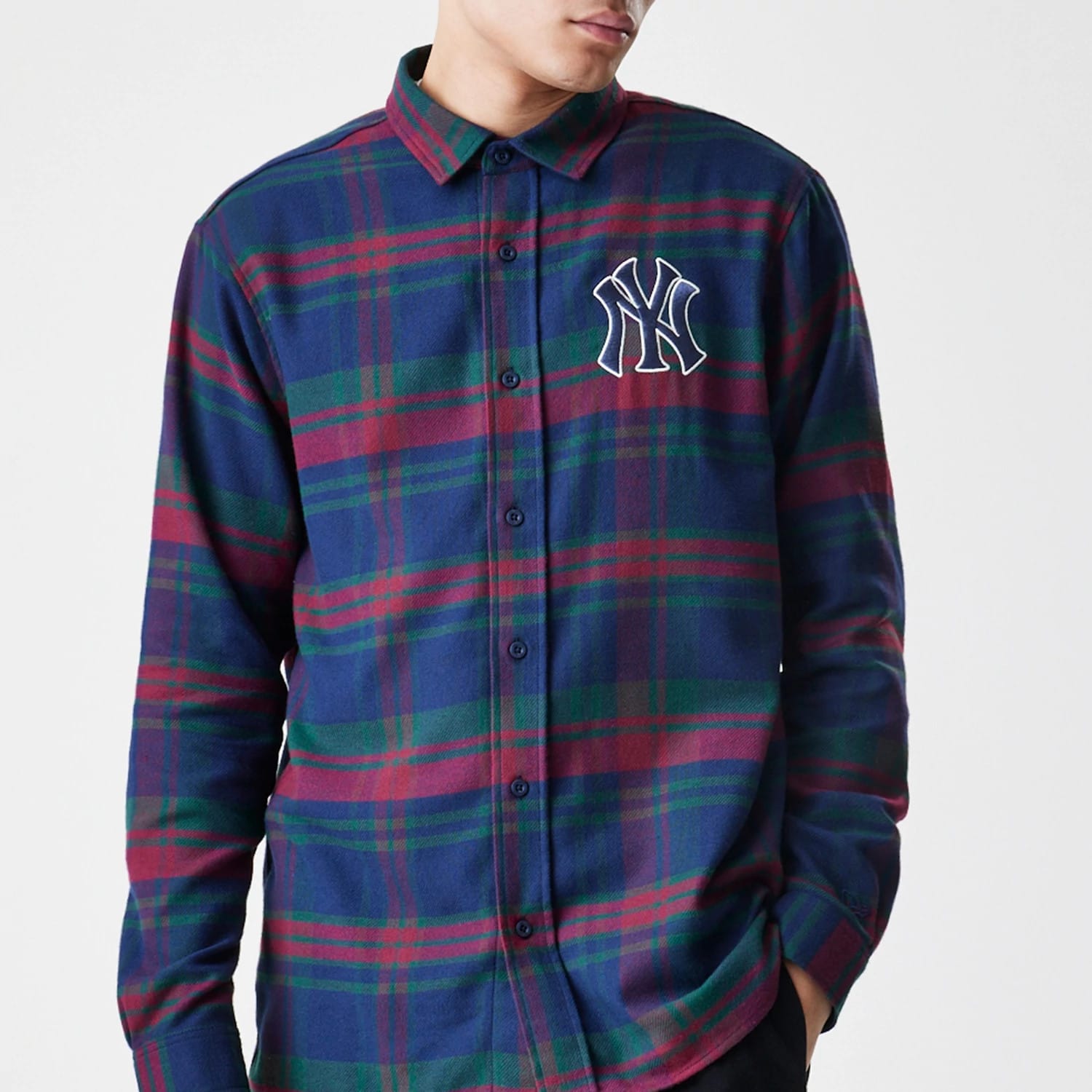 New York Yankees MLB Check Navy Long Sleeve Shirt-kentox - Image 3