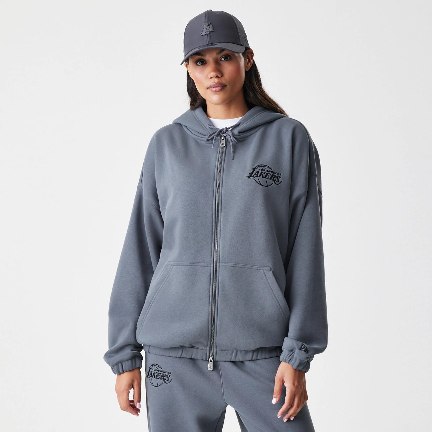 LA Lakers NBA Linear Dark Grey Oversized Full Zip Hoodie-kentox - Image 4