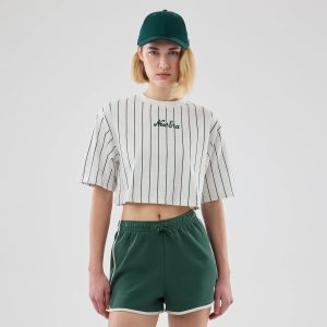 Womens New Era Pinstripe Pastel Grey Cropped T-shirt-kentox