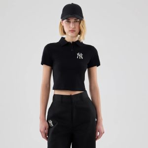 New York Yankees Womens MLB Black Cropped Slim Polo T-shirt-kentox