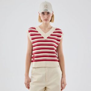 New York Yankees Womens MLB Knit Stripe Dark Red Sleeveless V-neck Sweater-kentox