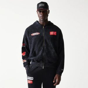 Red Bull Racing Graphic Black Dropped Shoulder Full Zip Hoodie-kentox