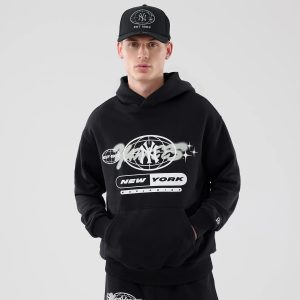 New York Yankees MLB Logo Graphic Black Oversized Pullover Hoodie-kentox
